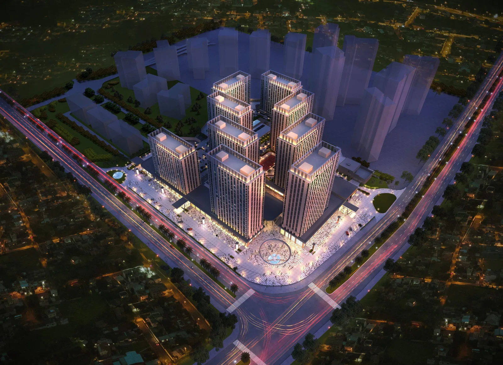 Empire World aerial, twelve towers around a central plaza