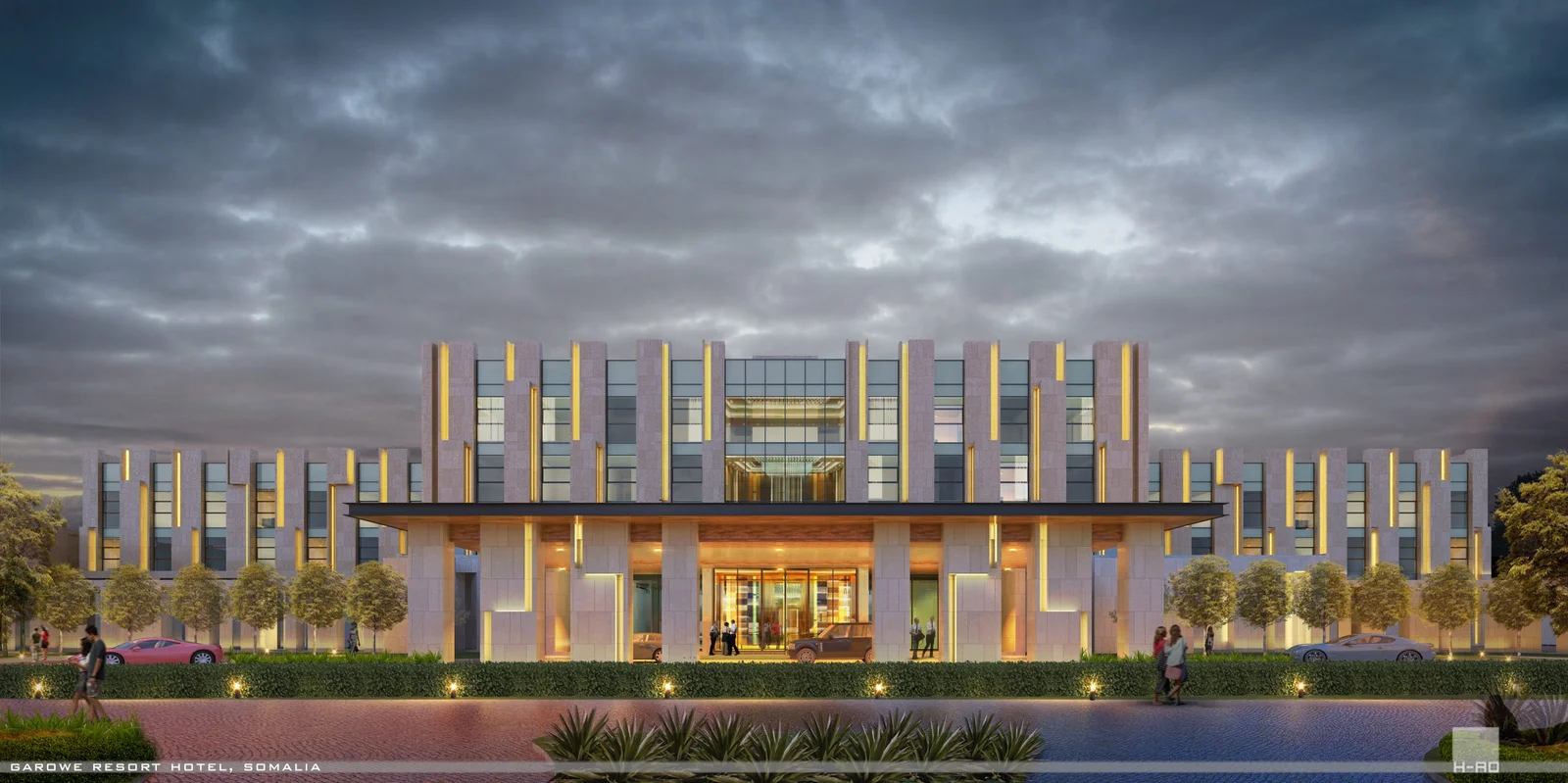 Garowe Resort, hotel entrance with vertical fins lit at dusk