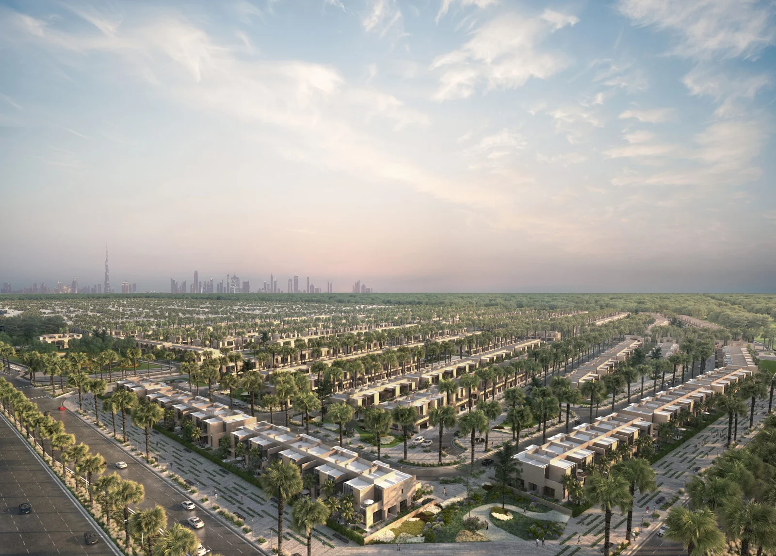 Paradise Hills, Dubai villa community with the city skyline beyond