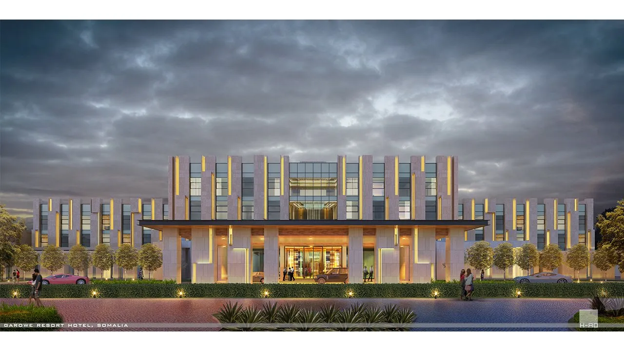 Garowe Resort, hotel entrance with vertical fins lit at dusk