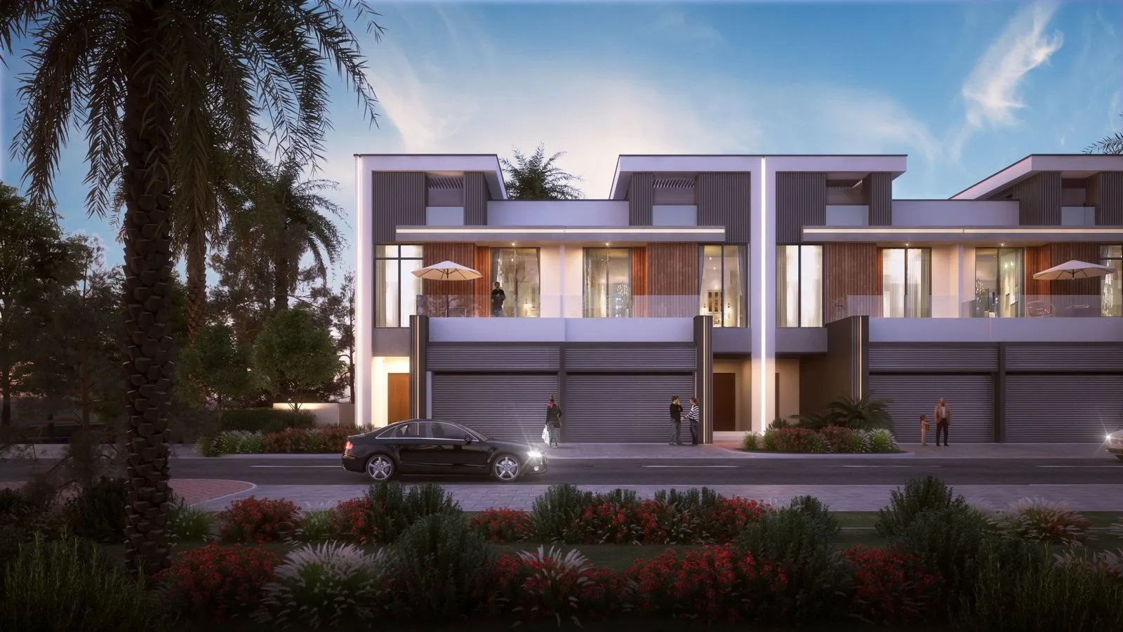Paradise Hills, Dubai villa community at dusk with the city skyline beyond