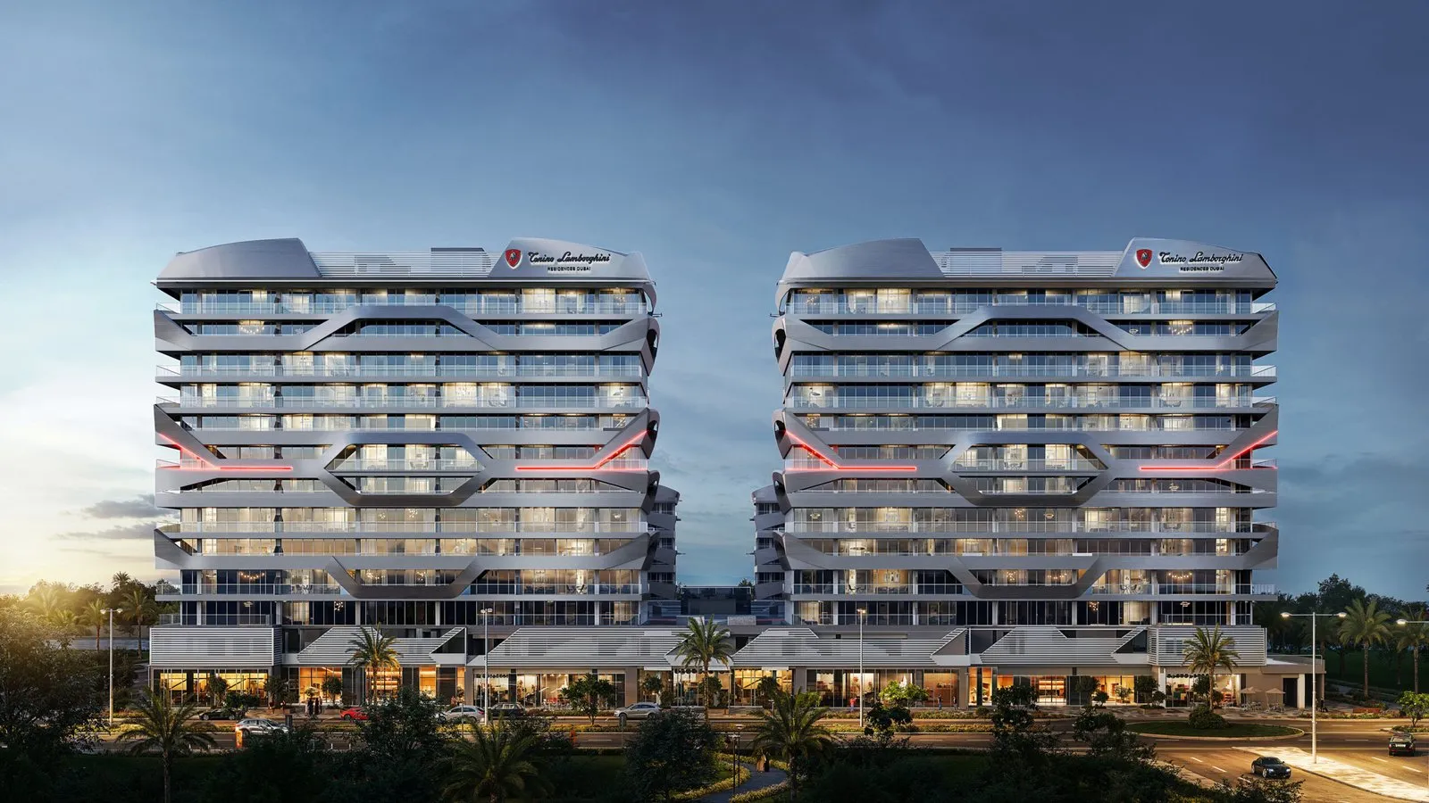 Tonino Lamborghini Residences, twin towers in render, wide context